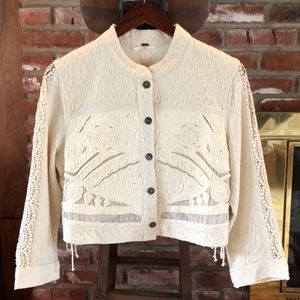 Free People Ivory Lace Crochet 3/4 Cropped Sleeve Jacket Size Large